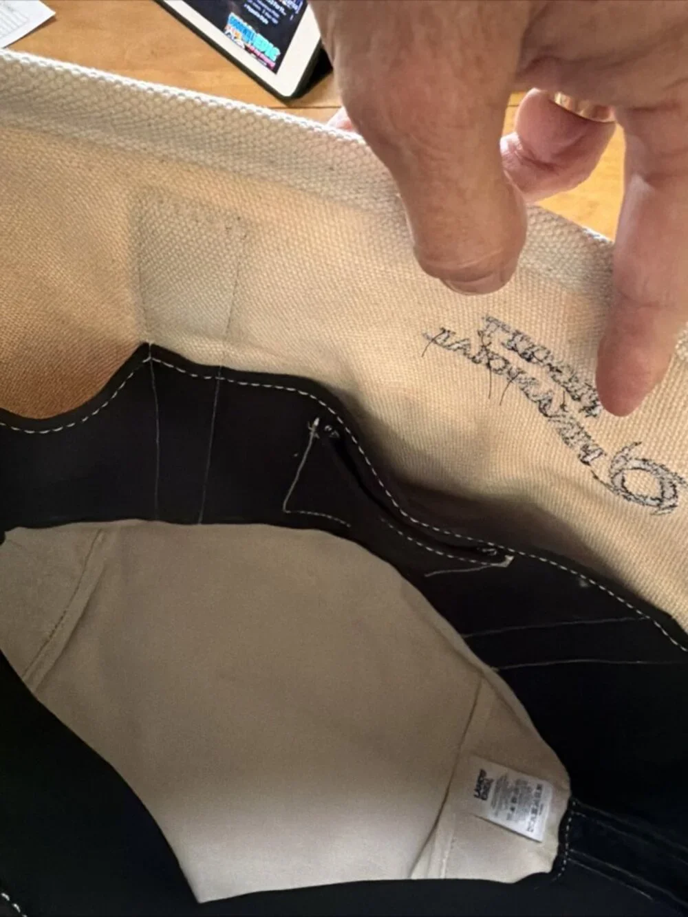 LandsEnd Canvas Pocket Tote Bag Natural Black Open Top Large Beach Pool Bag! - Picture 8 of 11